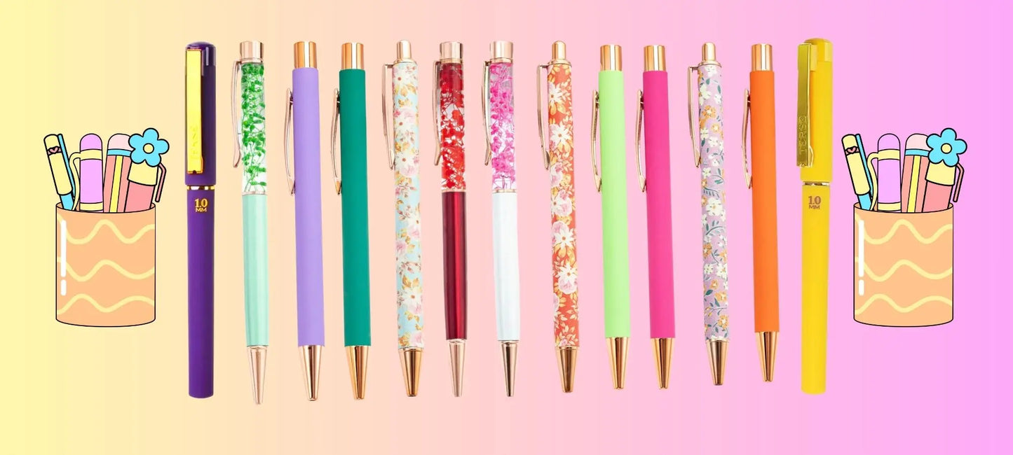 Colorful pens, mechanical pencils, rollerball pens, and pastel highlighters