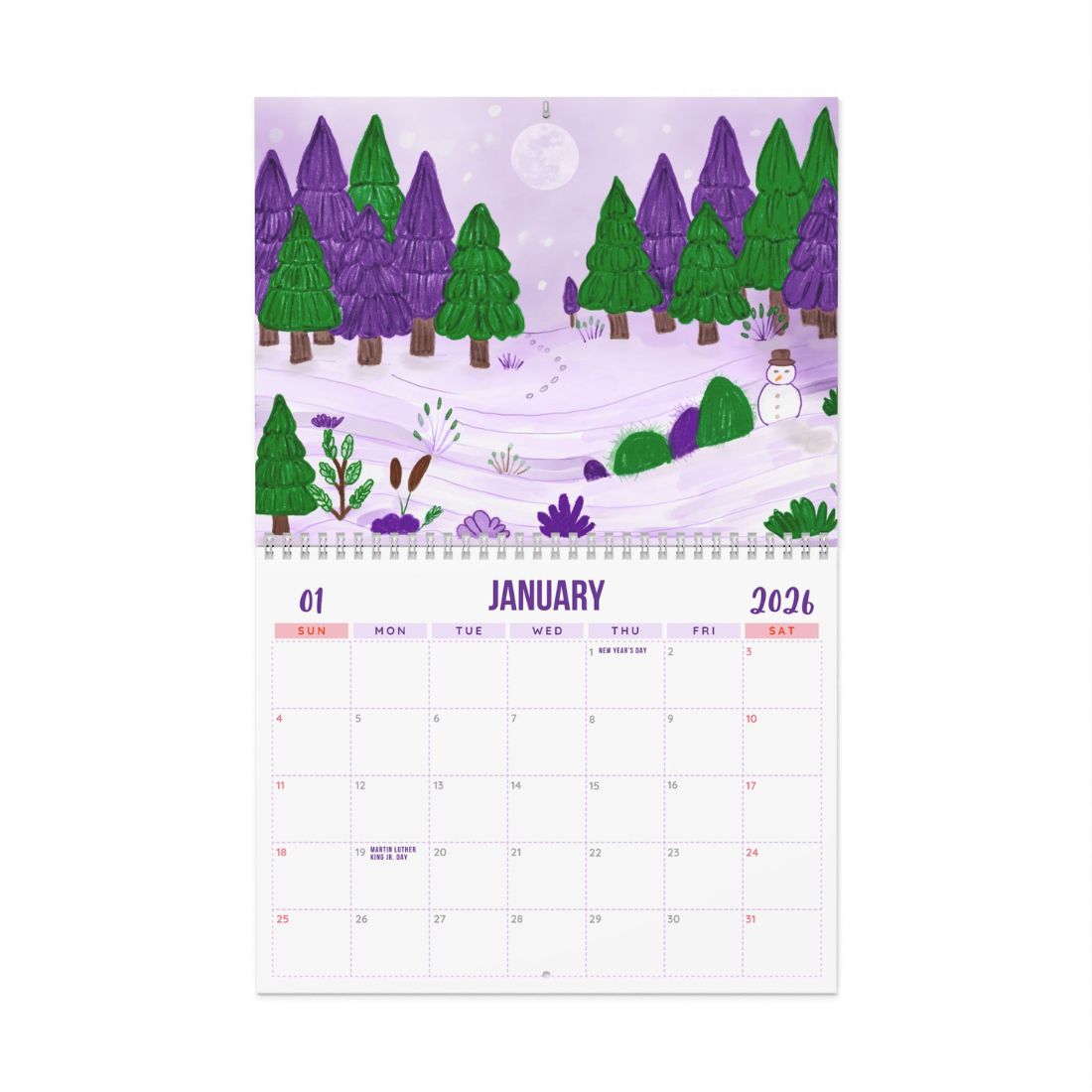 January page of 2026 art calendar with purple forest illustration