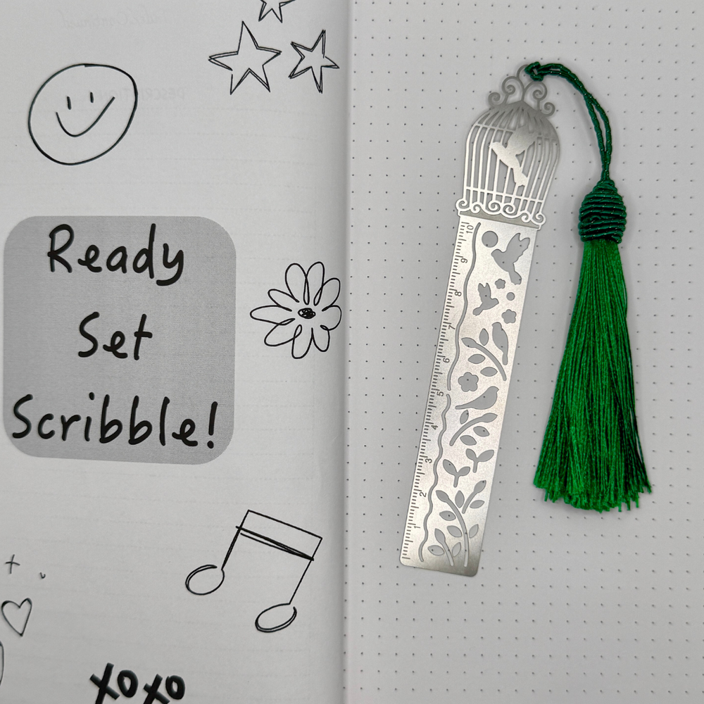 
                  
                    Birdcage Ruler Bookmark – Elegant Aluminum Design with Forest Green Tassel
                  
                