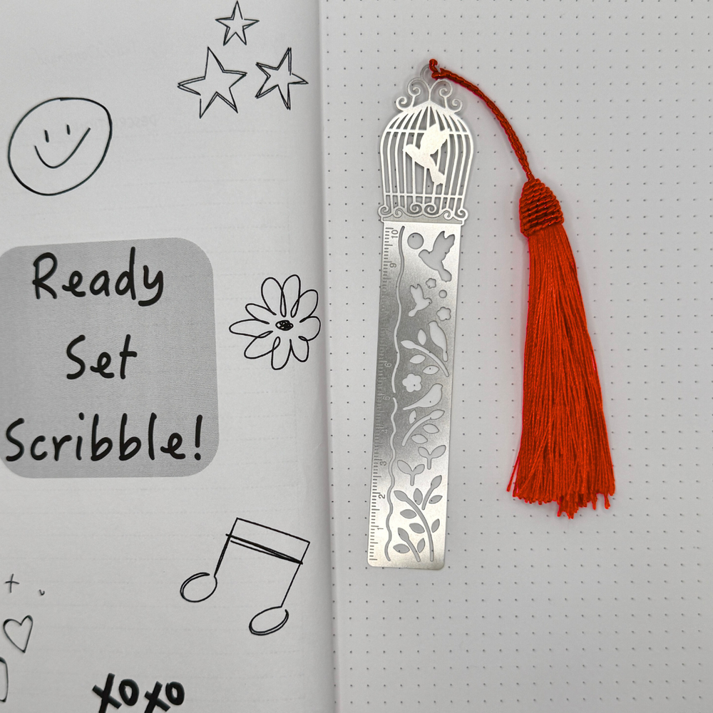 
                  
                    Birdcage Ruler Bookmark – Elegant Aluminum Design with Red Tassel
                  
                