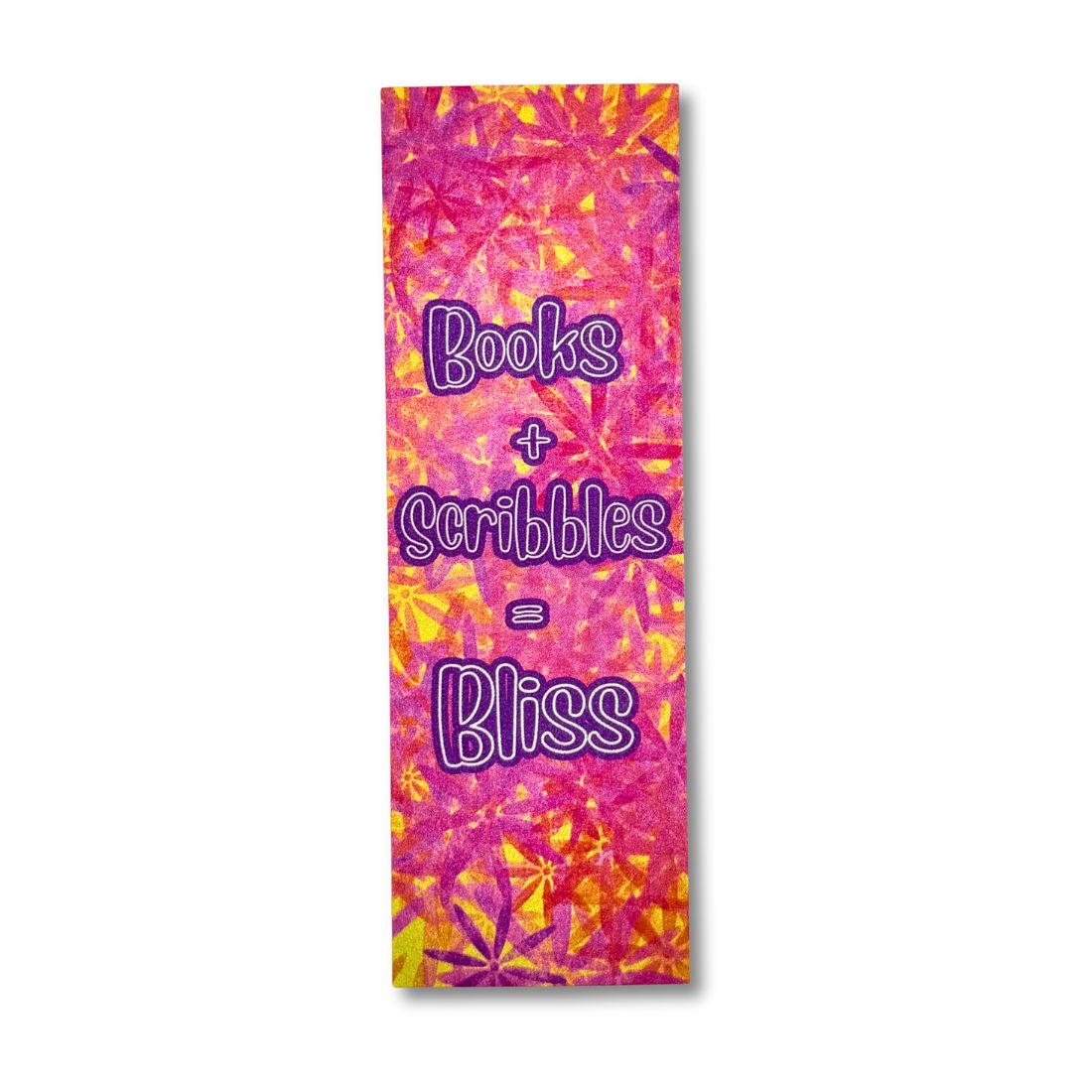 Colorful bookmark with 'Books + Scribbles = Bliss' text on a white background