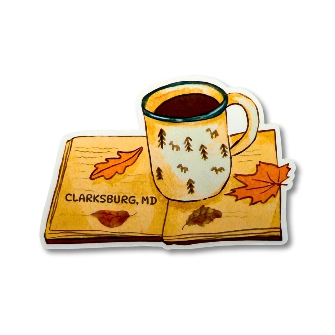 Clarksburg Maryland vinyl sticker with book and coffee illustration