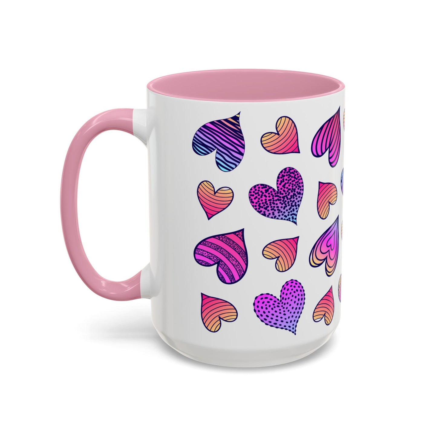 Colorful Hearts Mug – 15oz Ceramic Cup with Pink Handle