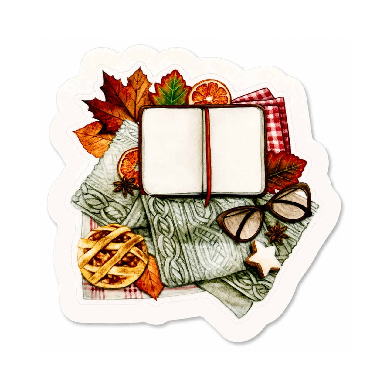 A die-cut sticker featuring a cozy autumn still life illustration with an open notebook, glasses, a sweater, leaves, a pie, and a star, shown on a plain white background.