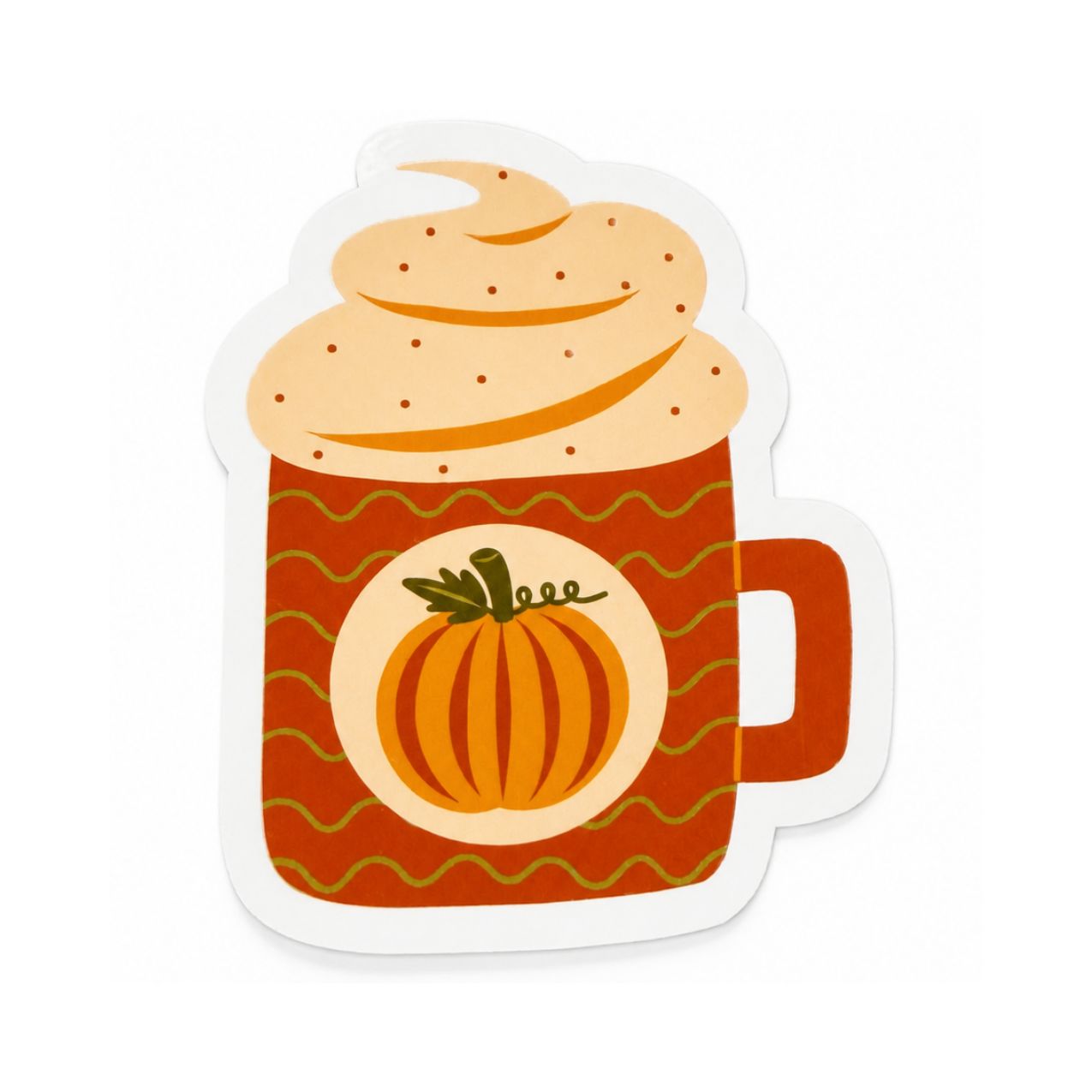 A die-cut sticker featuring a stylized orange pumpkin mug filled with a swirl of cream-colored whipped cream and topped with a small green leaf, shown on a plain white background.