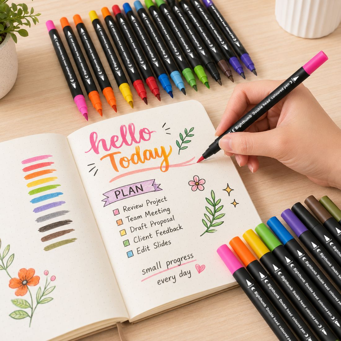 A hand holds a colorful marker over an open notebook with decorative writing and drawings. More markers are arranged around the notebook on a light wood desk.