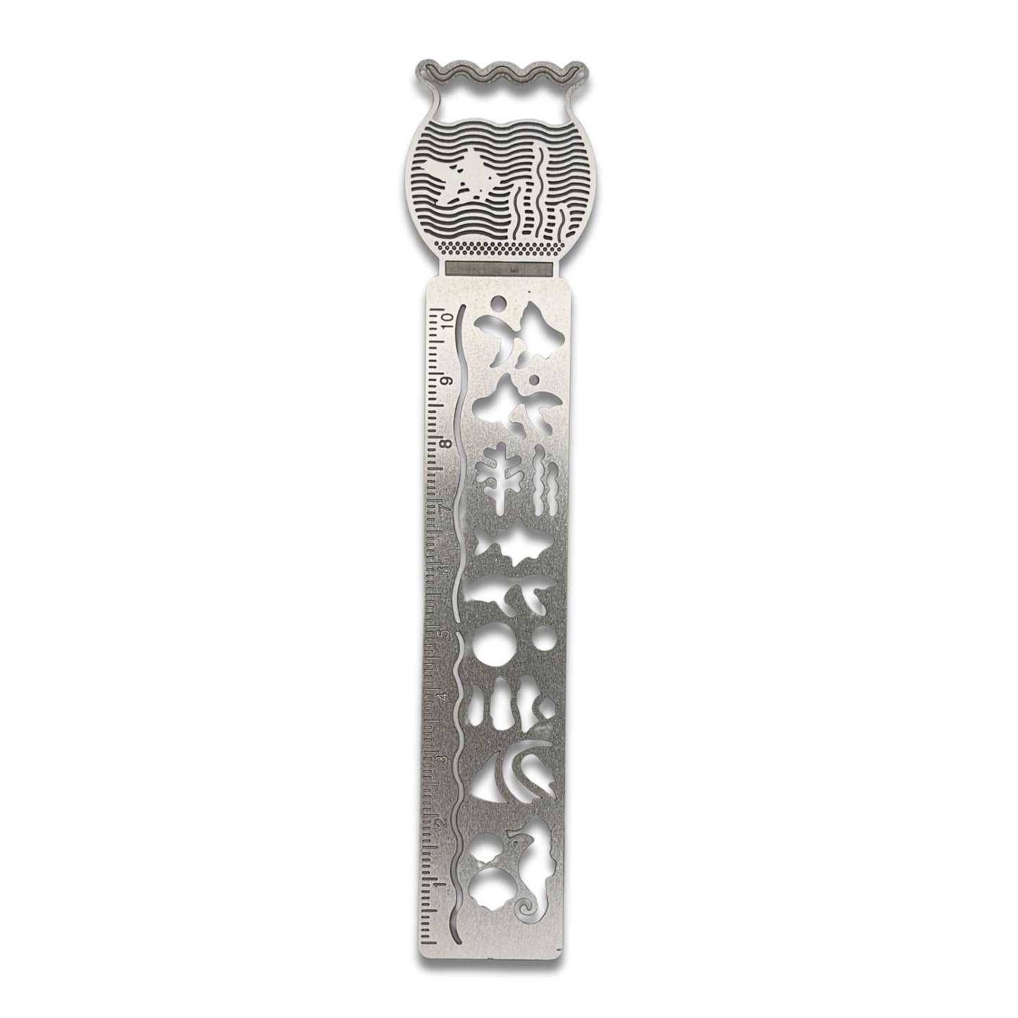 Metal fish bowl ruler bookmark with cut-out designs on a white background