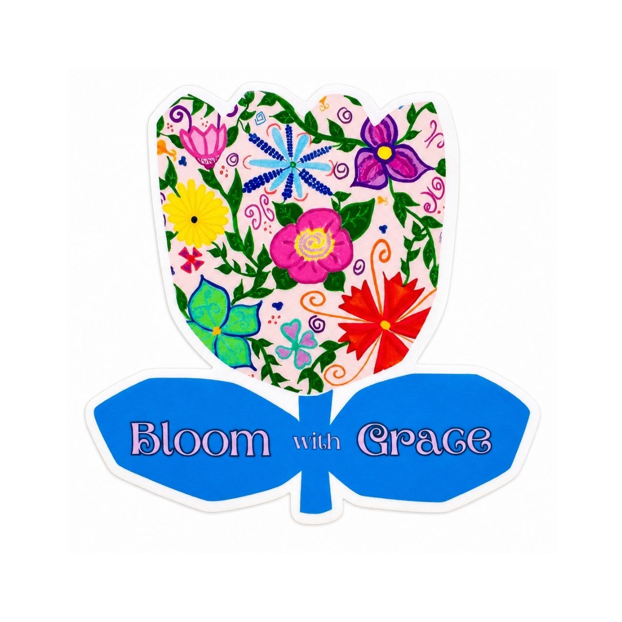 A die-cut sticker featuring a stylized tulip with a colorful floral pattern on the upper portion and the words 'Bloom with Grace' in white text on a blue lower section, shown on a plain white background.
