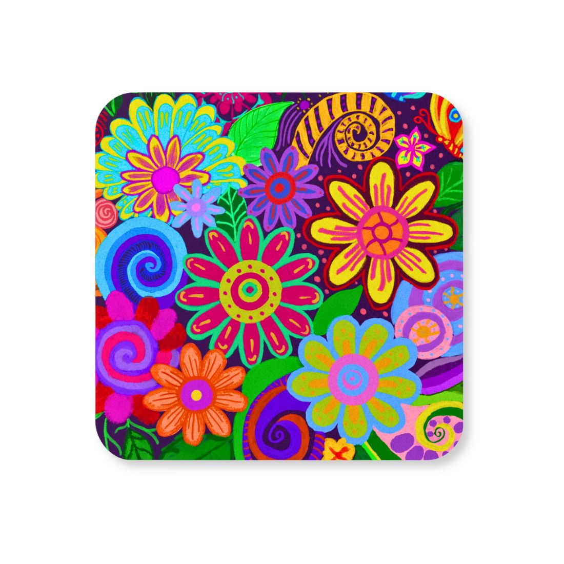Top-down close-up of the Love To Scribble Flower Fantasy Coaster featuring a vibrant, colorful doodle design of flowers and spirals with rounded corners.