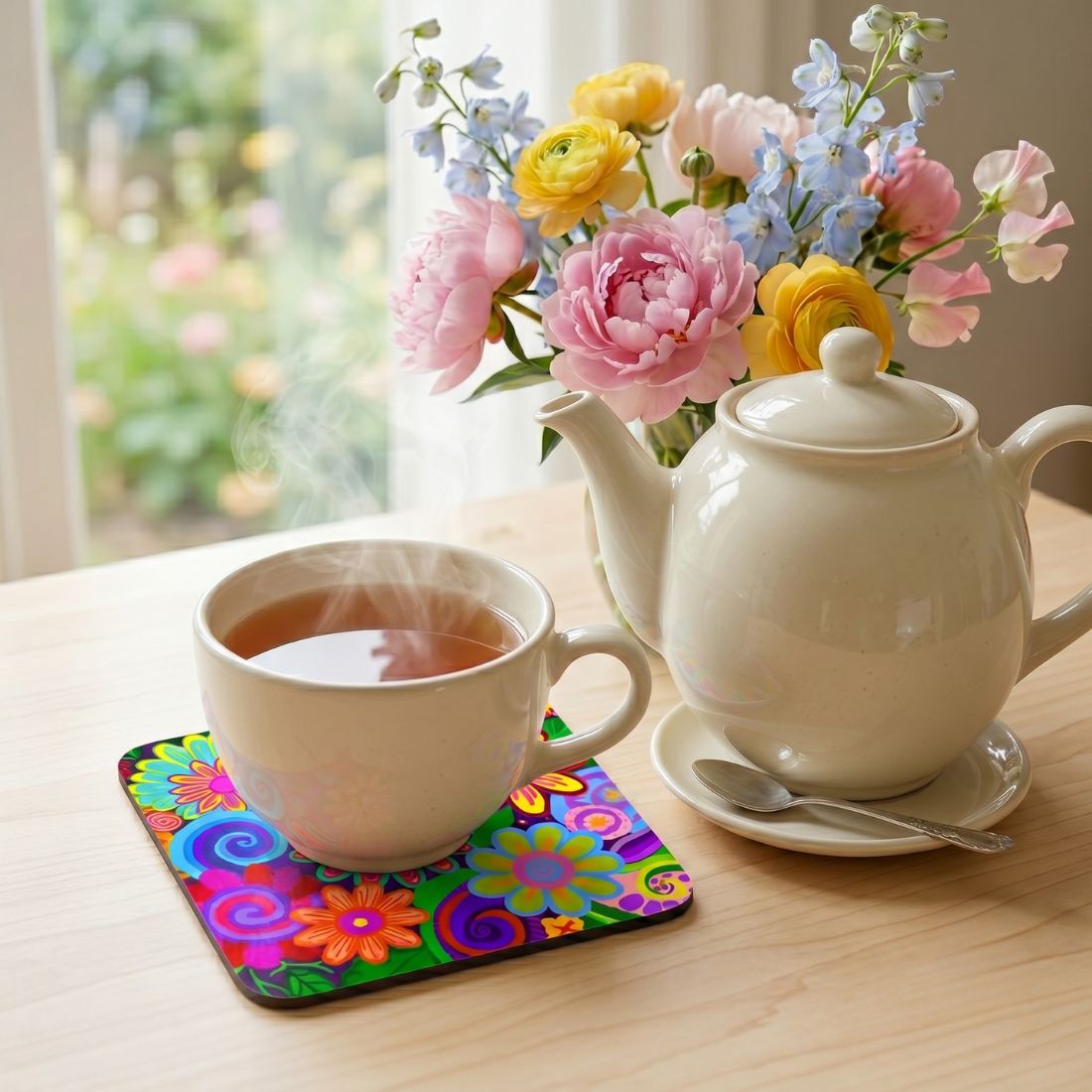 Tea cup with steam, teapot, and colorful flowers on a table.