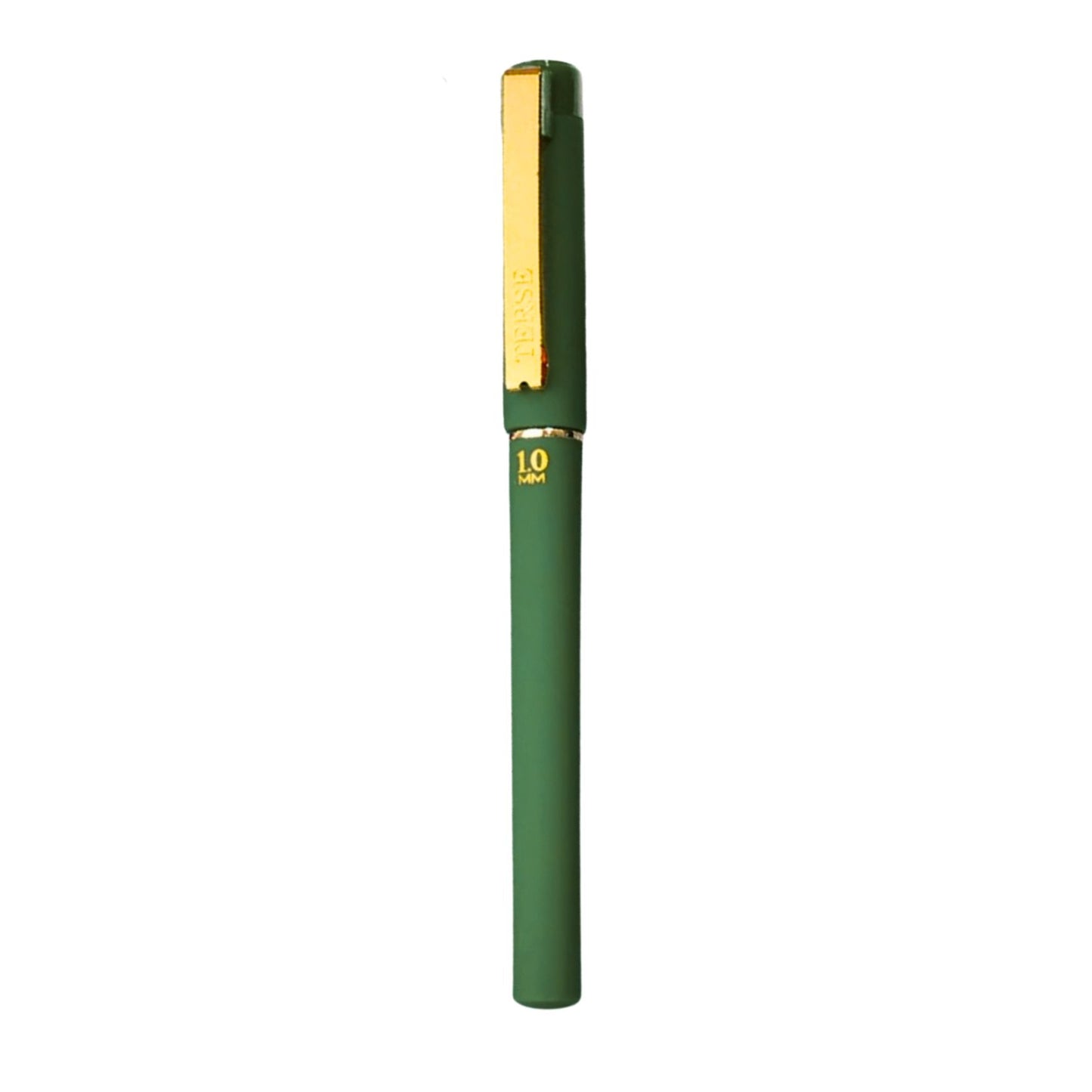 Green and gold pen on a white background