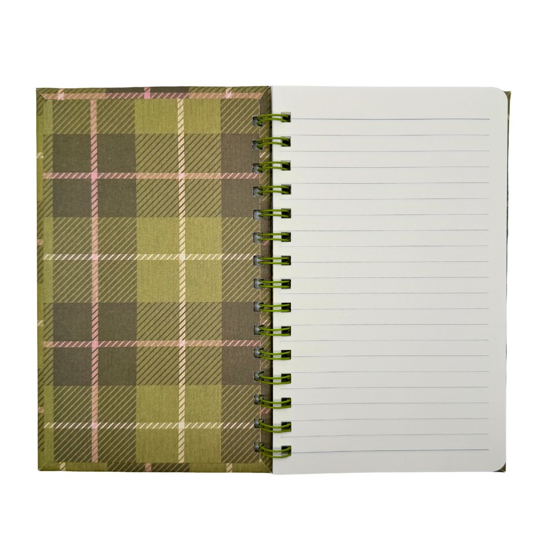 Open plaid notebook showing lined pages