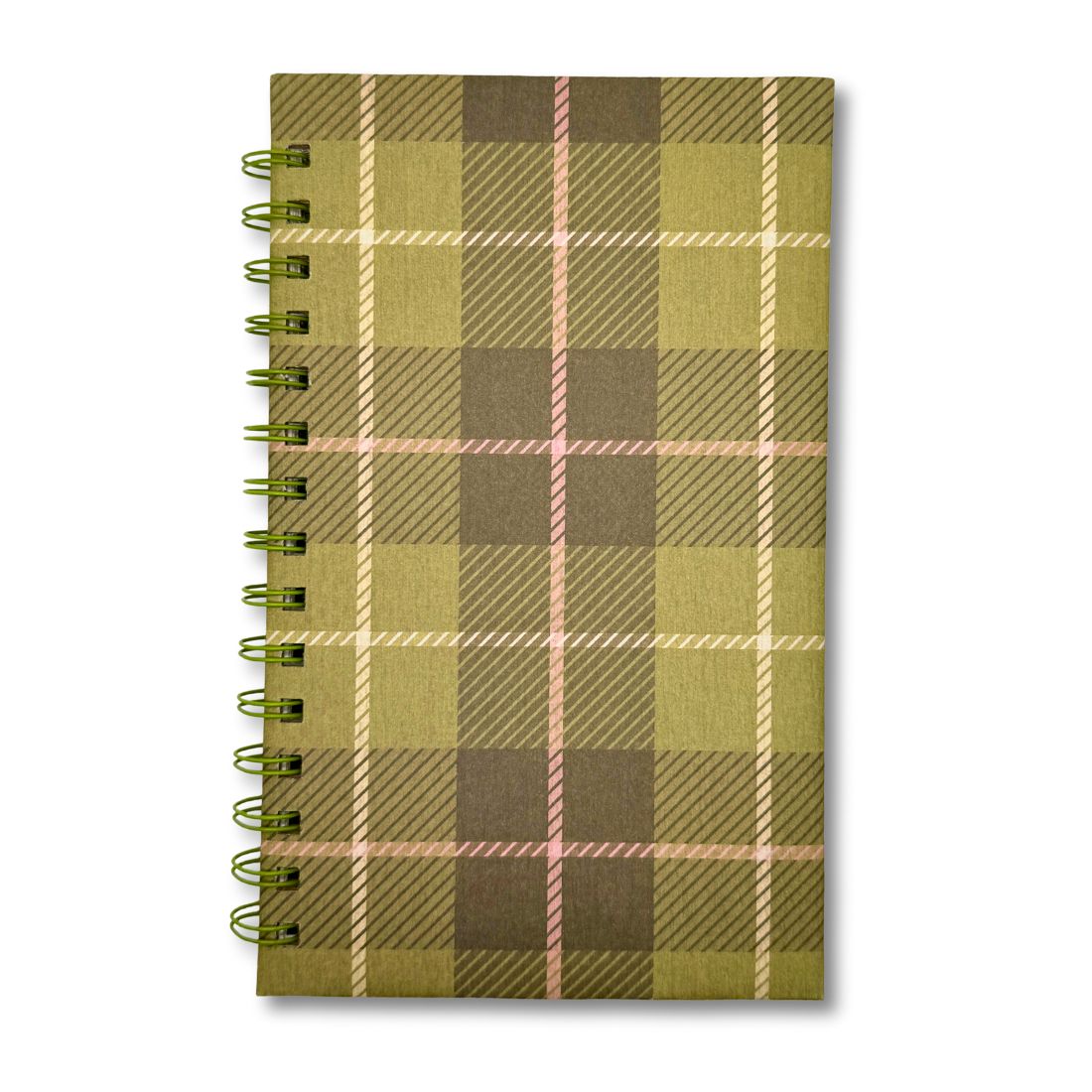 Plaid notebook with green and pink pattern on a white background