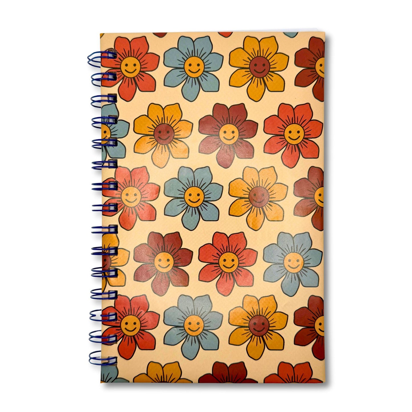 Groovy Flowers Spiral Notebook with retro smiley flower cover