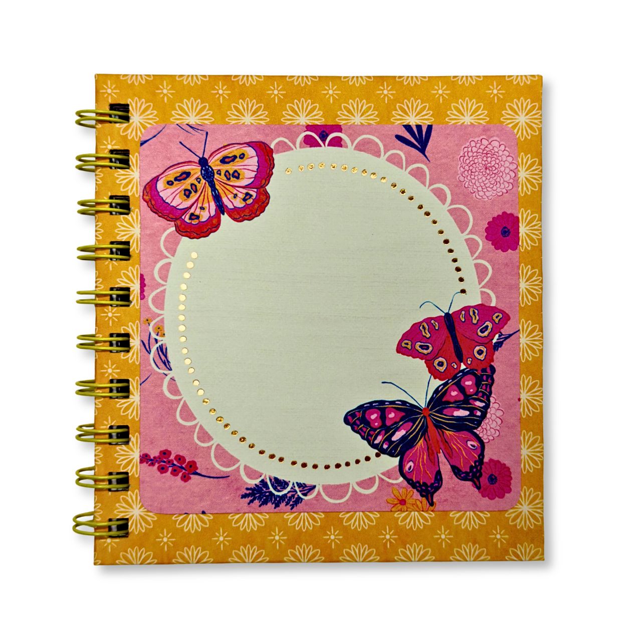 Small square spiral notebook featuring yellow groovy flowers and pink butterflies on the cover.