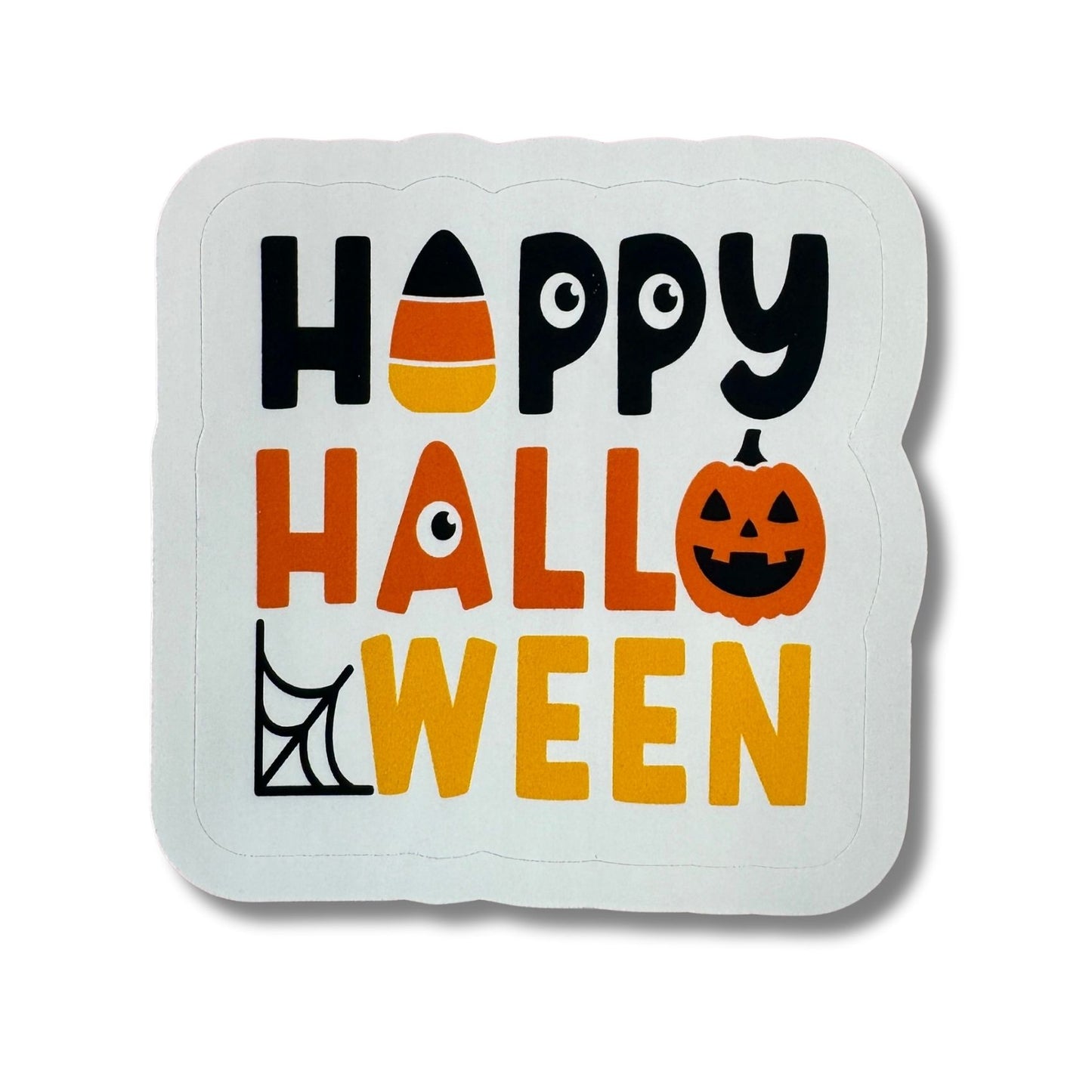 Halloween-themed decorative stickers with text and graphics on a white background
