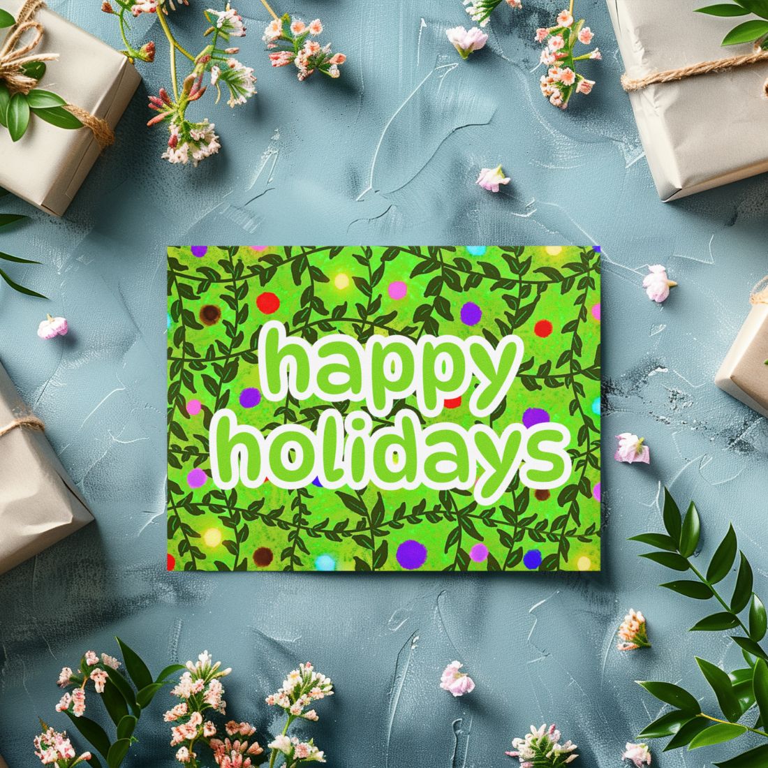 Holiday greeting card with colorful festive artwork