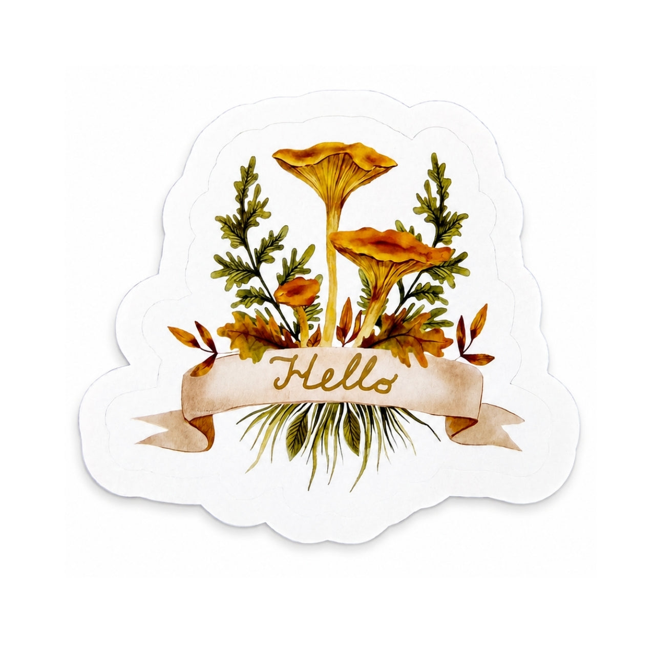 A die-cut white sticker featuring a watercolor-style botanical illustration with orange-yellow flowers, green leaves, and a cream ribbon banner that reads “Hello,” shown on a plain white background.
