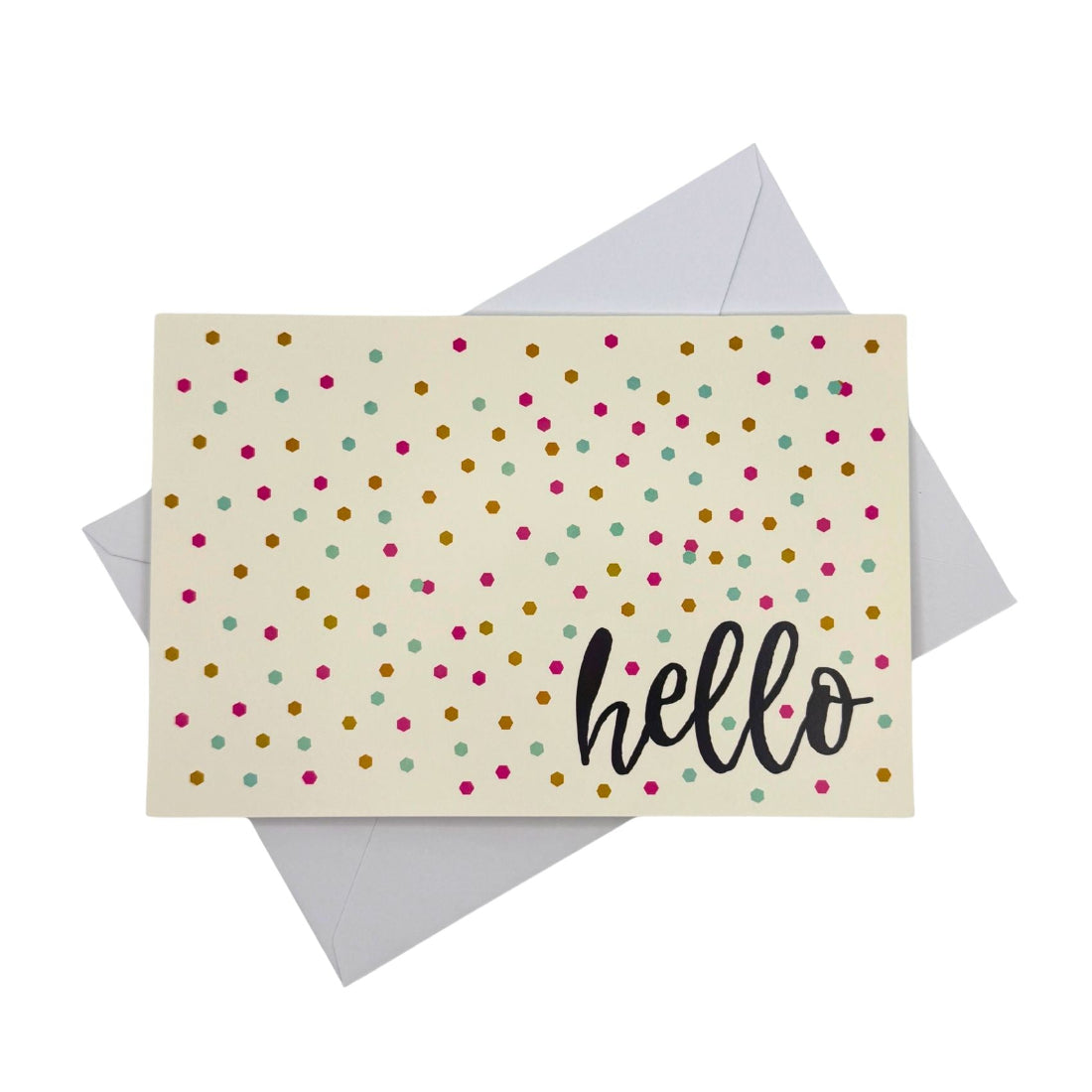 Greeting card with colorful polka dots and 'hello' text on a white background