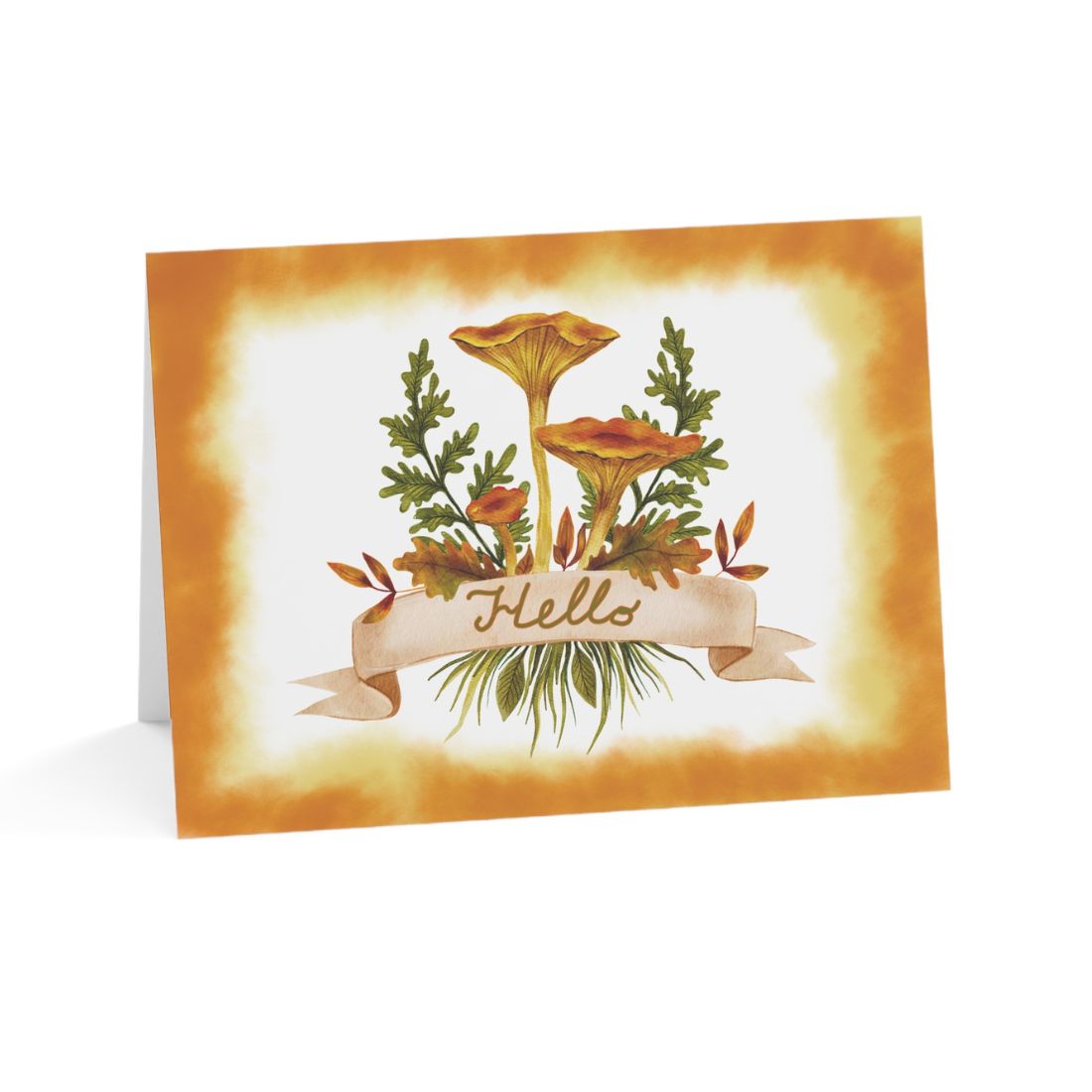 Love To Scribble Hello Mushroom greeting card featuring golden mushrooms, green foliage, a Hello banner, and an orange border.