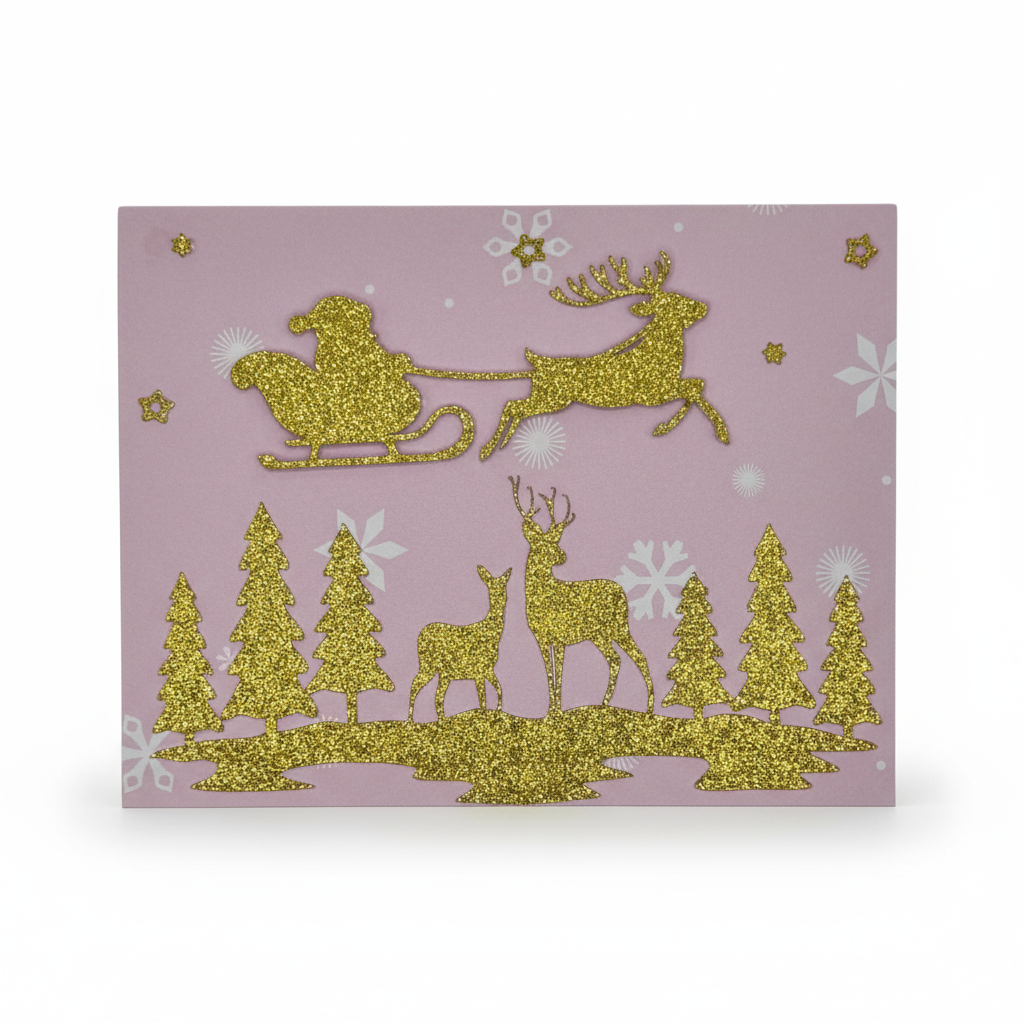 Holiday Reindeer Greeting Card – Glittery Gold Reindeer and Sleigh