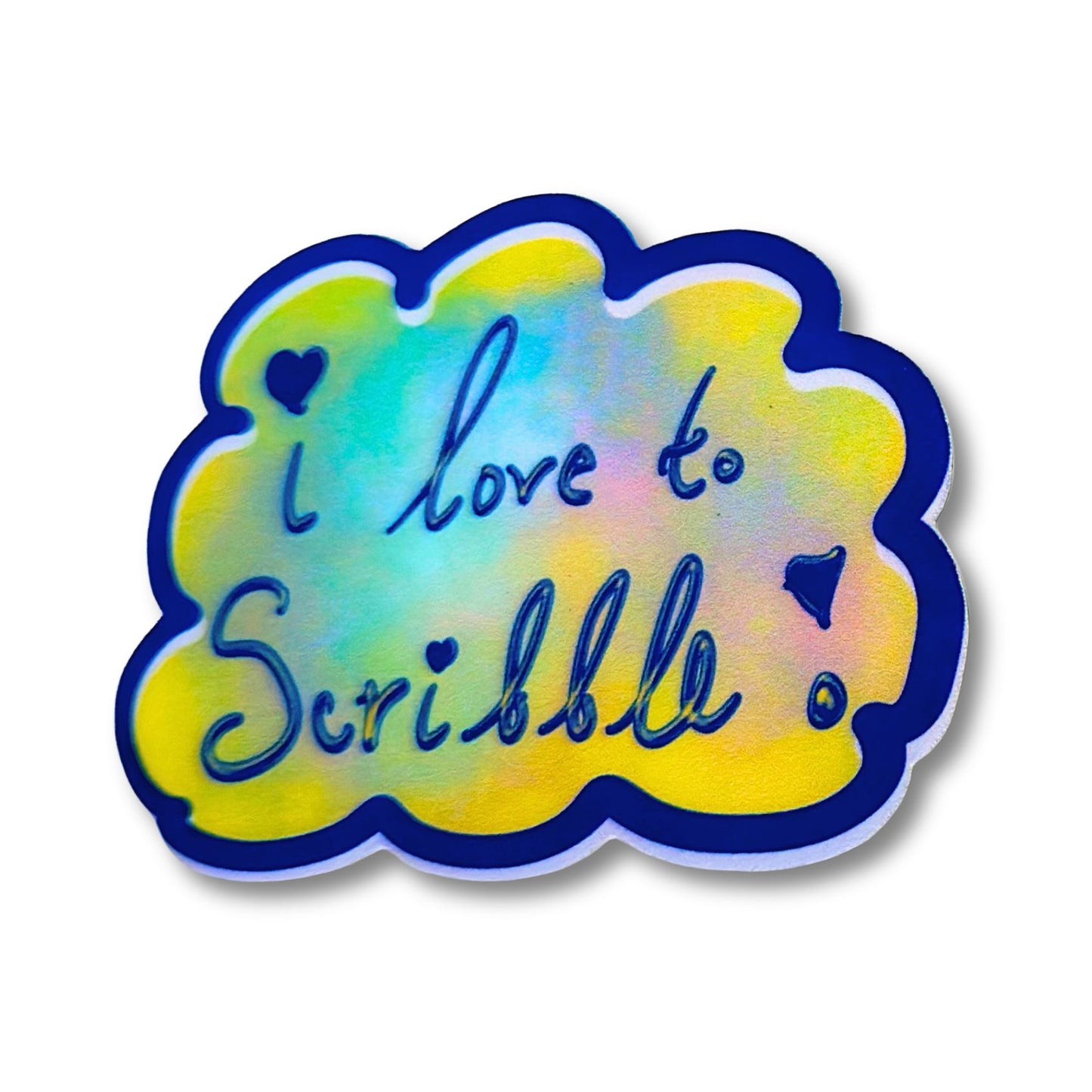 Colorful cloud-shaped sticker with 'i love to Scribble' text on a white background