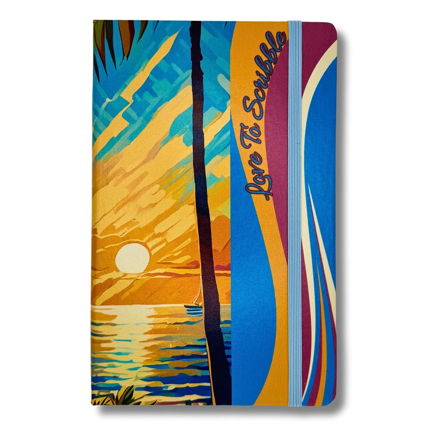 Colorful notebook with a sunset design and 'Love to Scribble' text on a white background