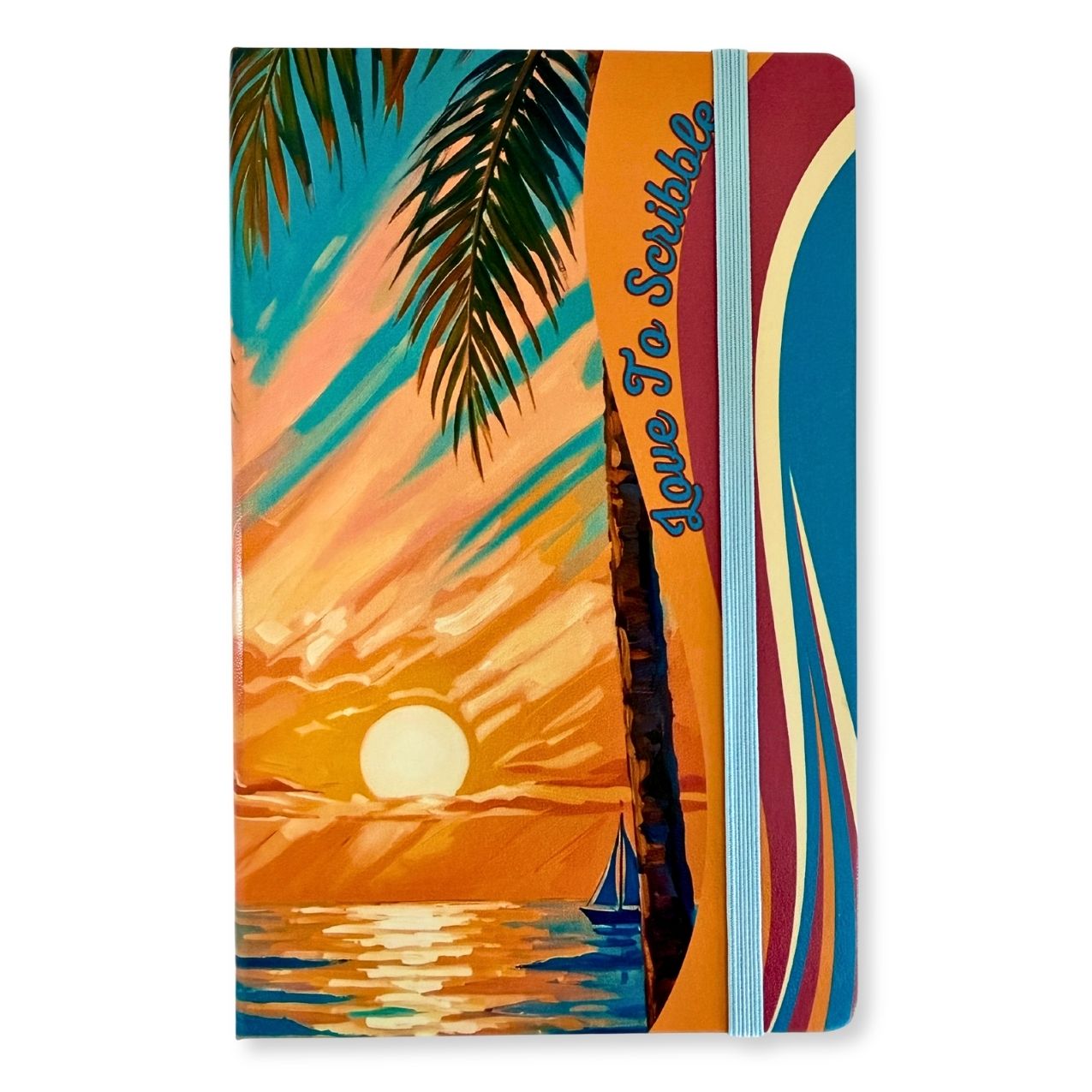 A hardcover notebook featuring a vibrant retro-style tropical sunset illustration with palm trees, a sailboat, and the words 'Love To Scribble' printed vertically on the cover.