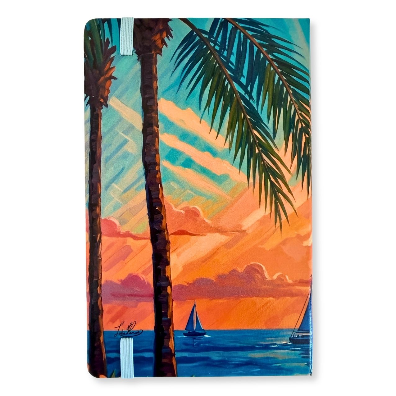 Love To Scribble Sunset A5 Journal back cover with tropical palm tree.