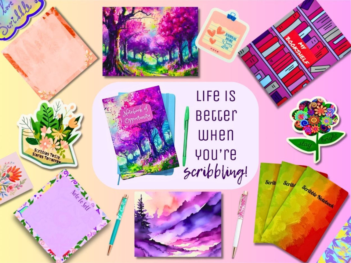 Colorful stationery items including notebooks, stickers, and a pen on a pink background with text 'Life is better when you're scribbling'.
