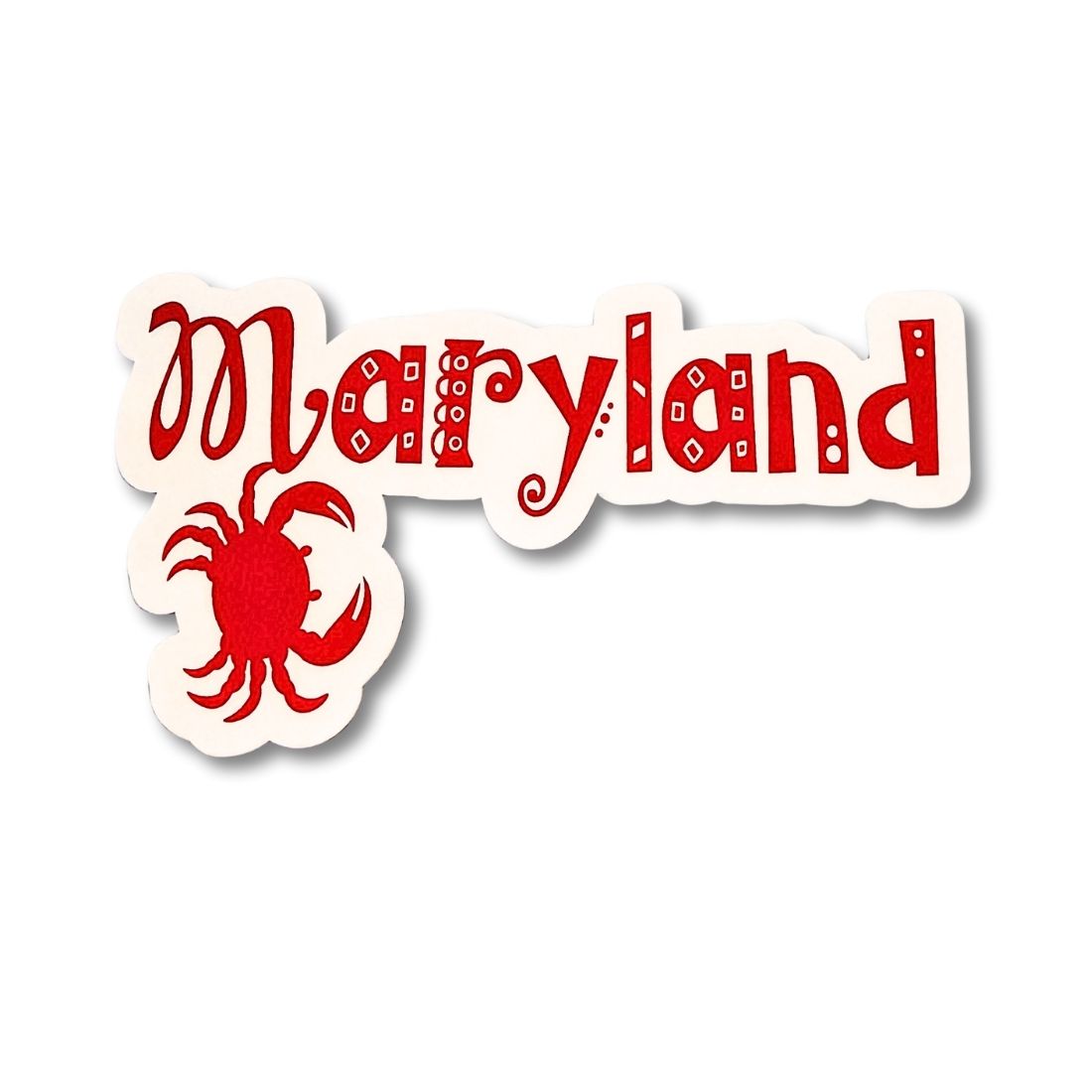 Sticker with 'Maryland' text and a red crab on a white background