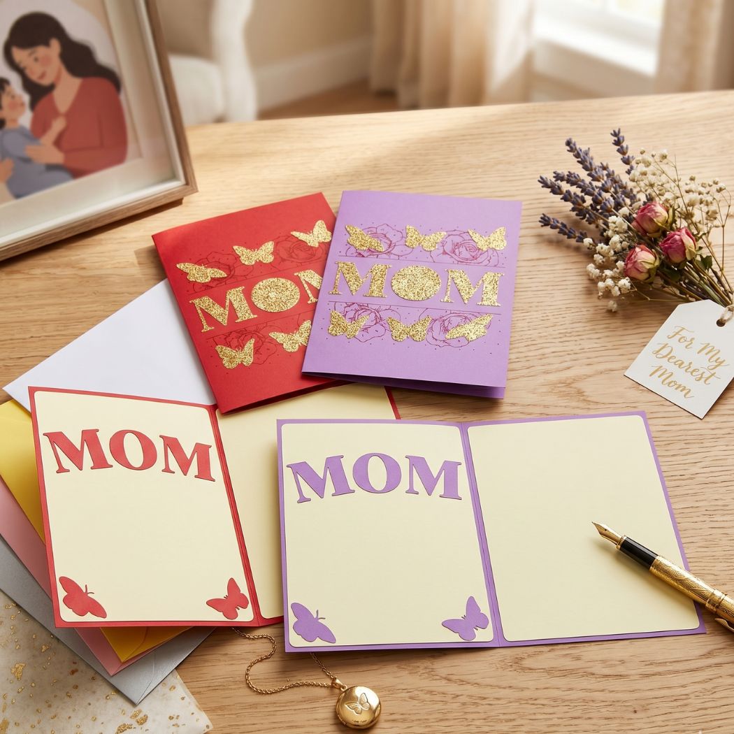Greeting cards with 'MOM' text on a wooden surface with decorative elements.