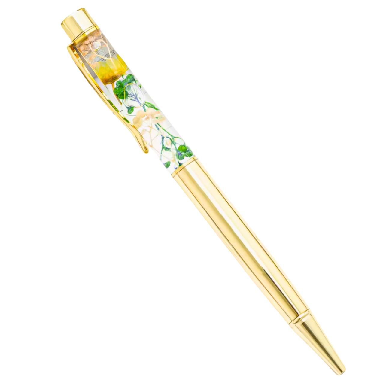 Decorative pen with floral design and gold accents on a white background