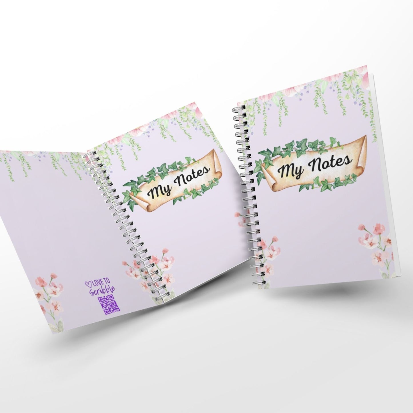 Two open notebooks with floral designs and 'My Notes' text on a white background