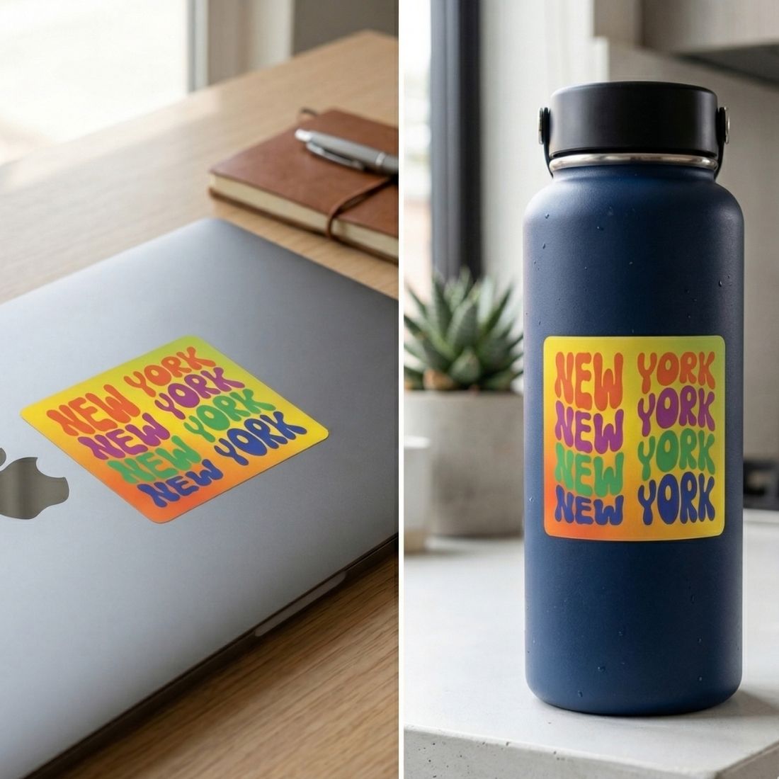 Colorful 'New York' sticker on a laptop and water bottle.