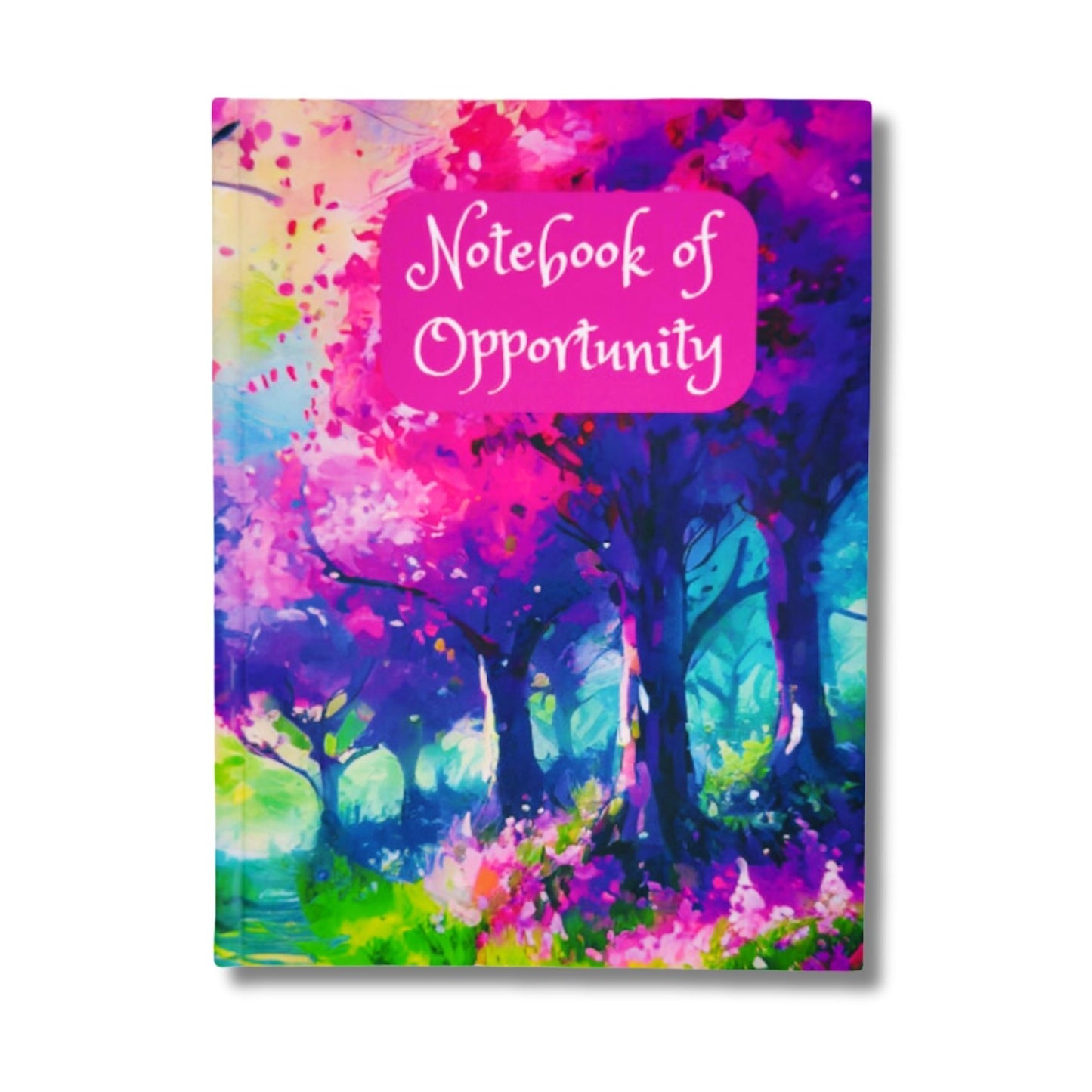 Notebook with colorful forest design and 'Notebook of Opportunity' text on a white background