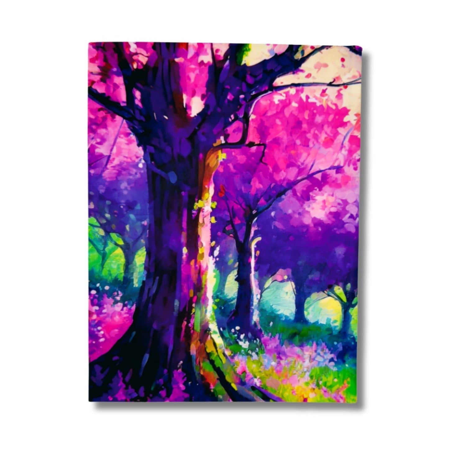 Notebook with Colorful abstract painting of a forest with vibrant trees and foliage.