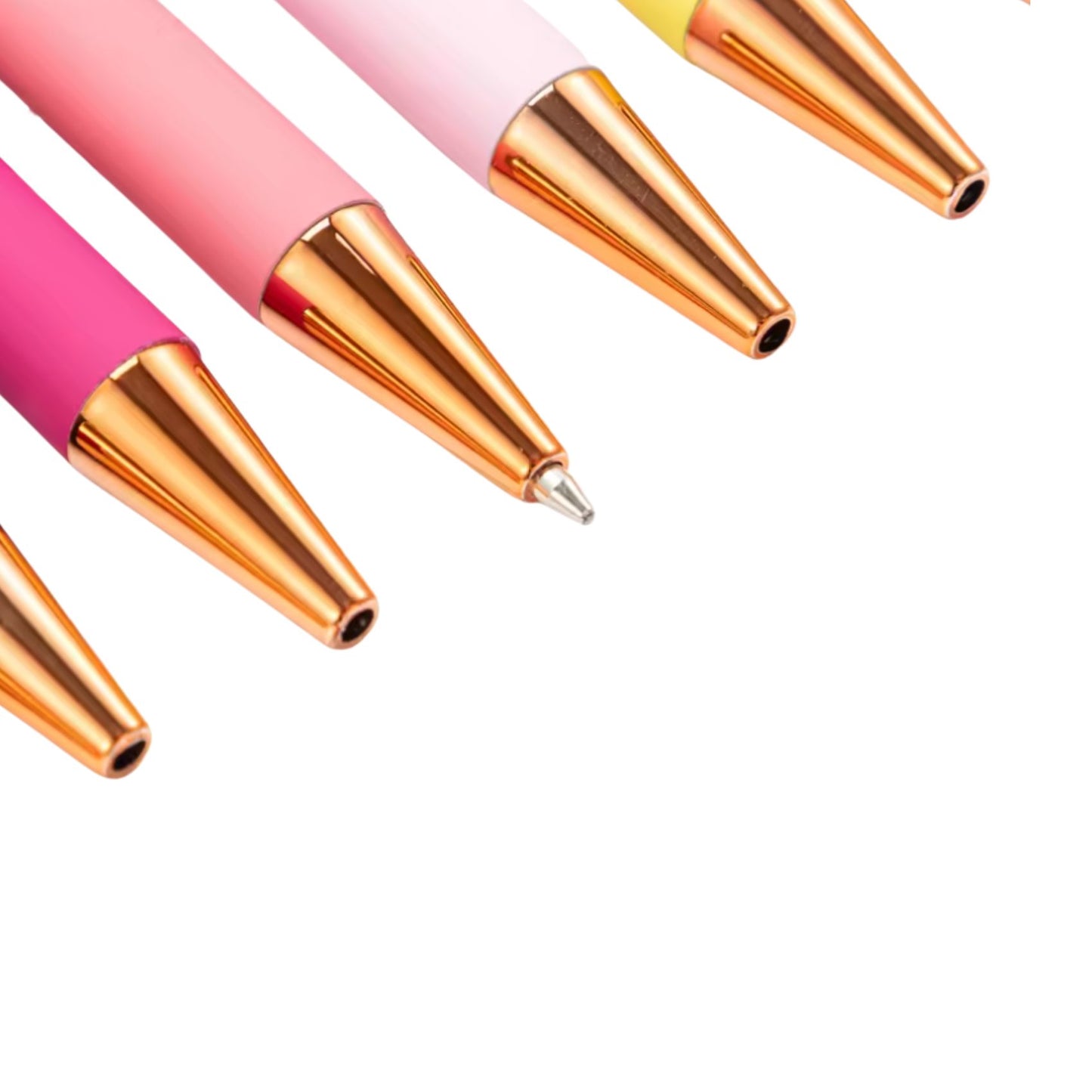 Pink pens with gold accents on a white background