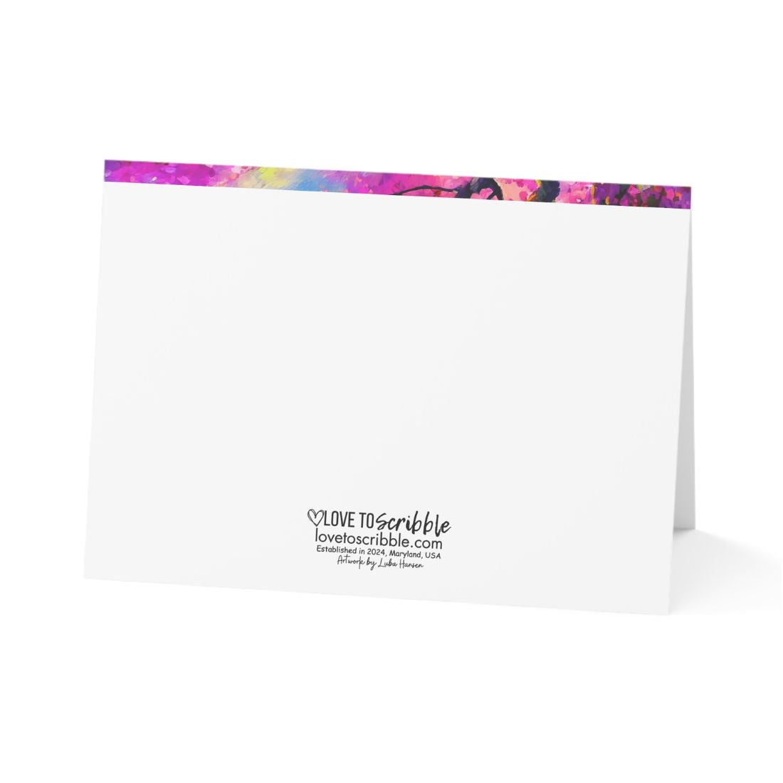 White card with colorful tie-dye border and 'LOVETOSCRIBBLE' branding.
