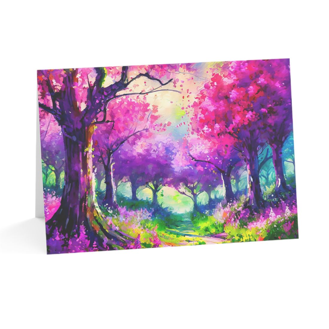 Colorful forest scene with pink blossoms on a white background
