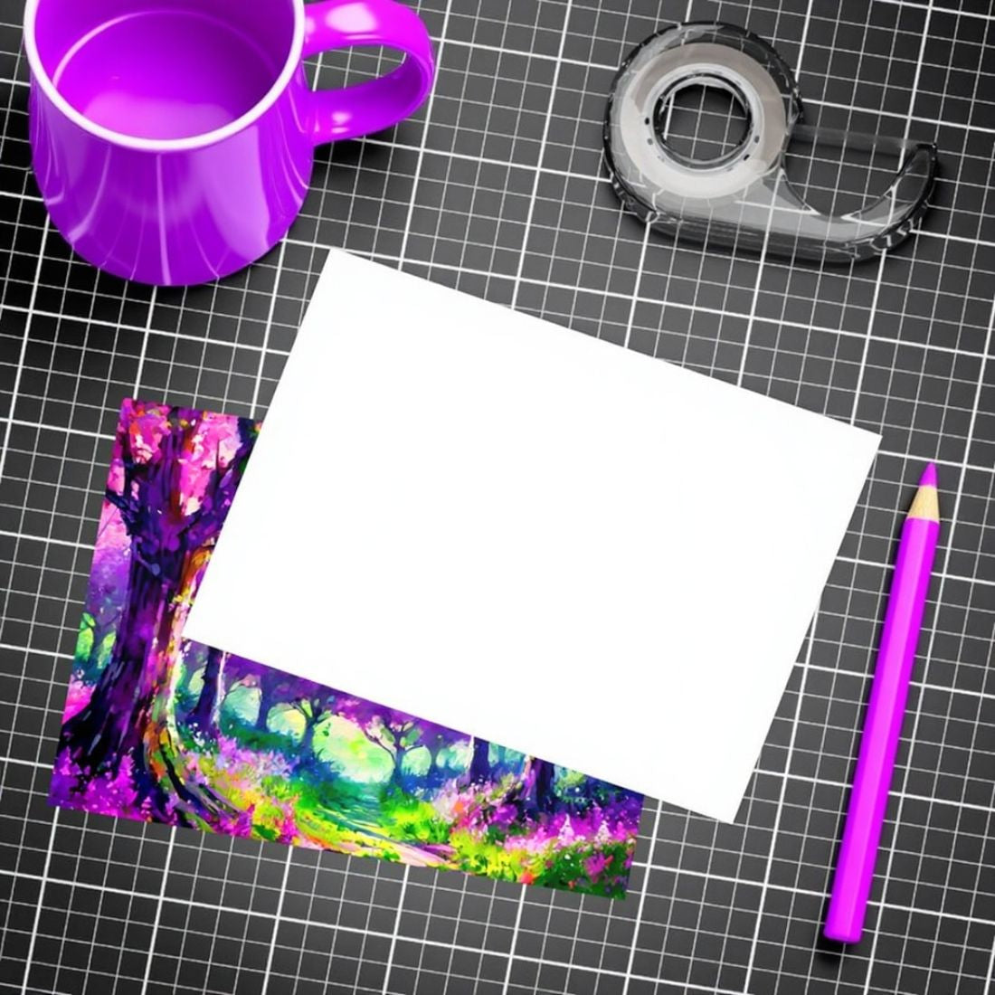 Colorful forest illustration postcard, purple mug, white paper, purple pencil on a grid surface