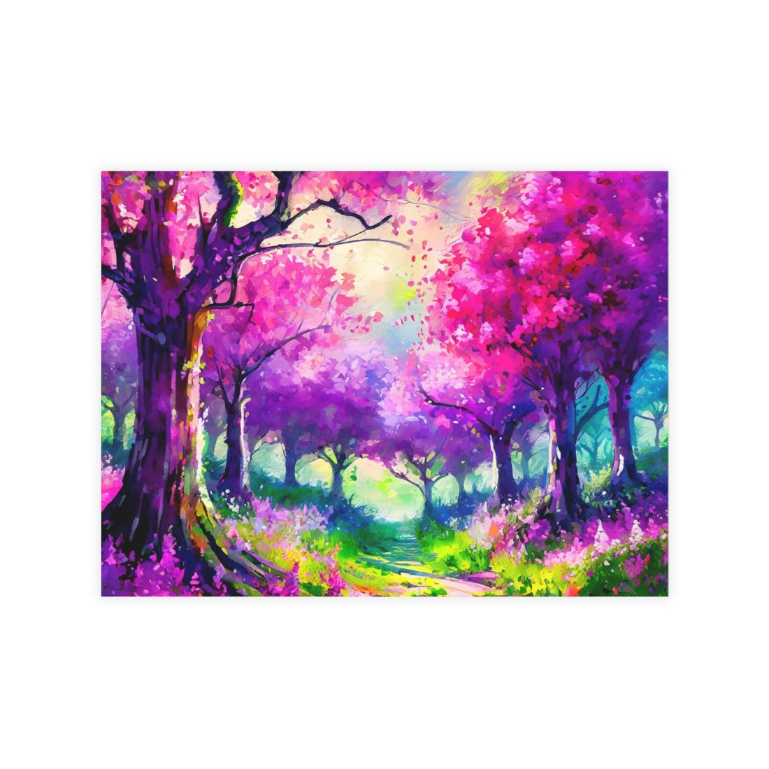 Colorful forest scene with pink trees and a path postcard