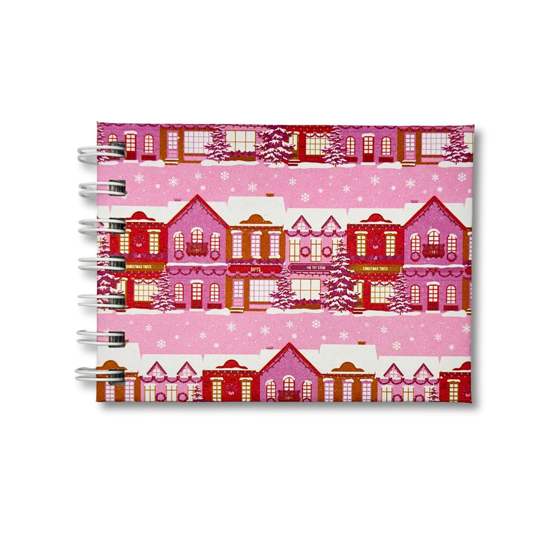Pink Winter Village Mini Notebook with festive houses and spiral binding