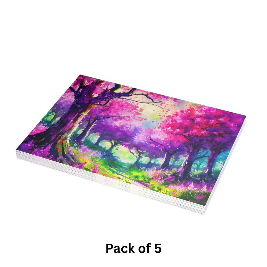 Pack of 5 greeting cards with a colorful forest design on a white background