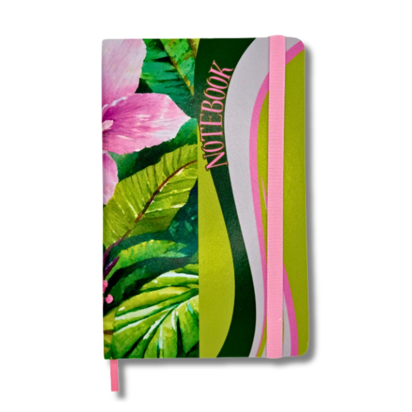 Notebook with tropical leaf design and pink accents on a white background