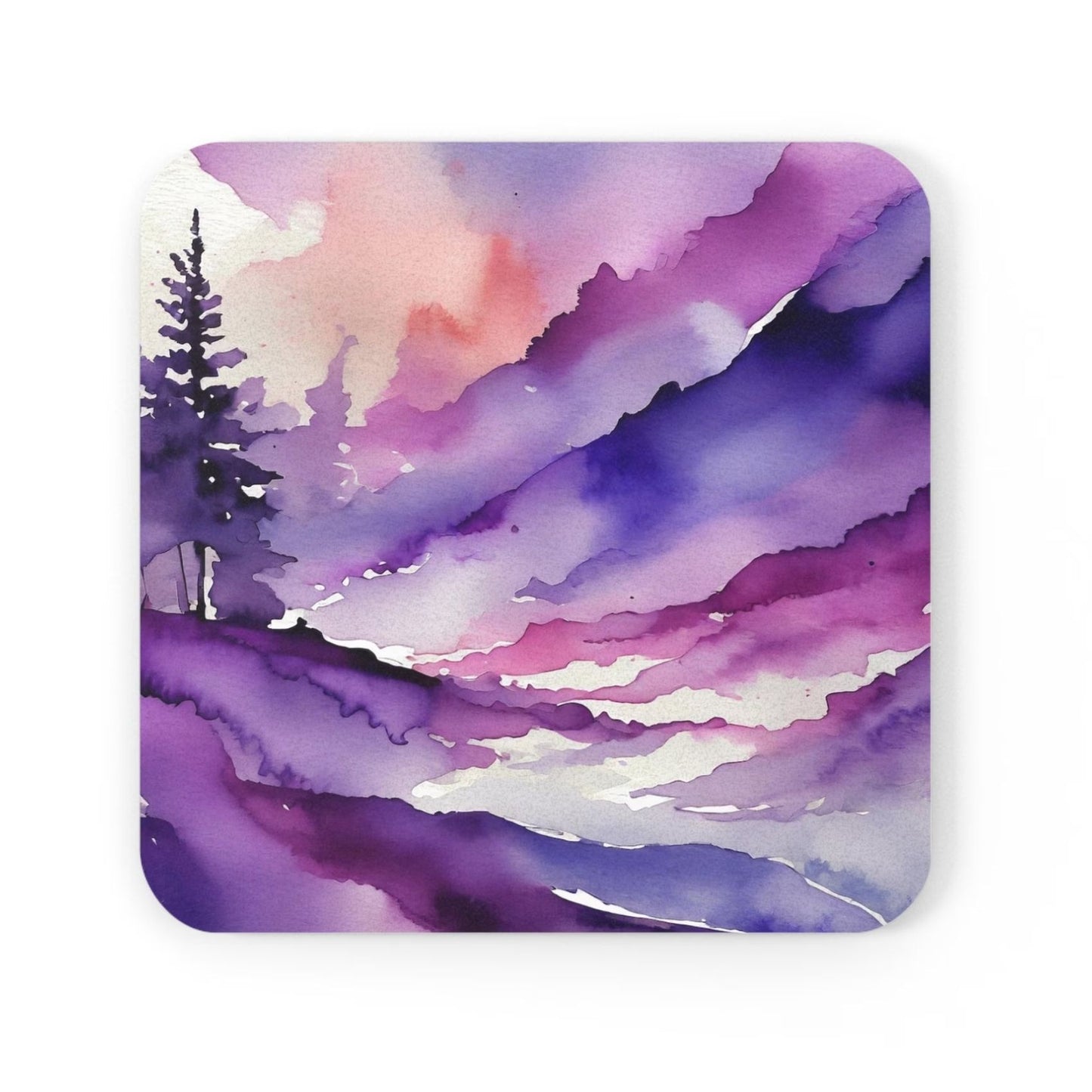 Colorful abstract coaster design with purple, pink, and white on a white background