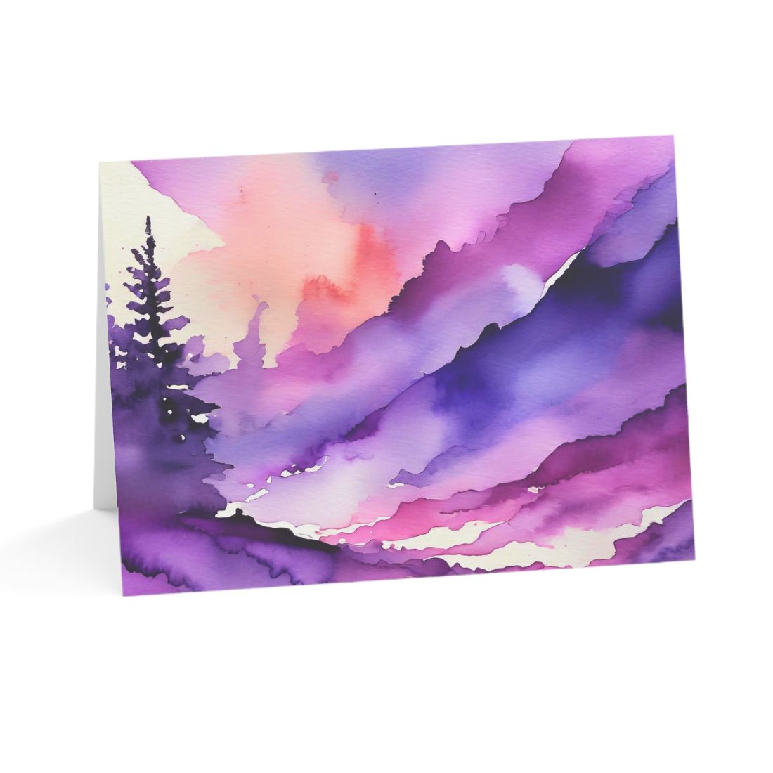 Greeting card with a purple and pink abstract sky design on a white background