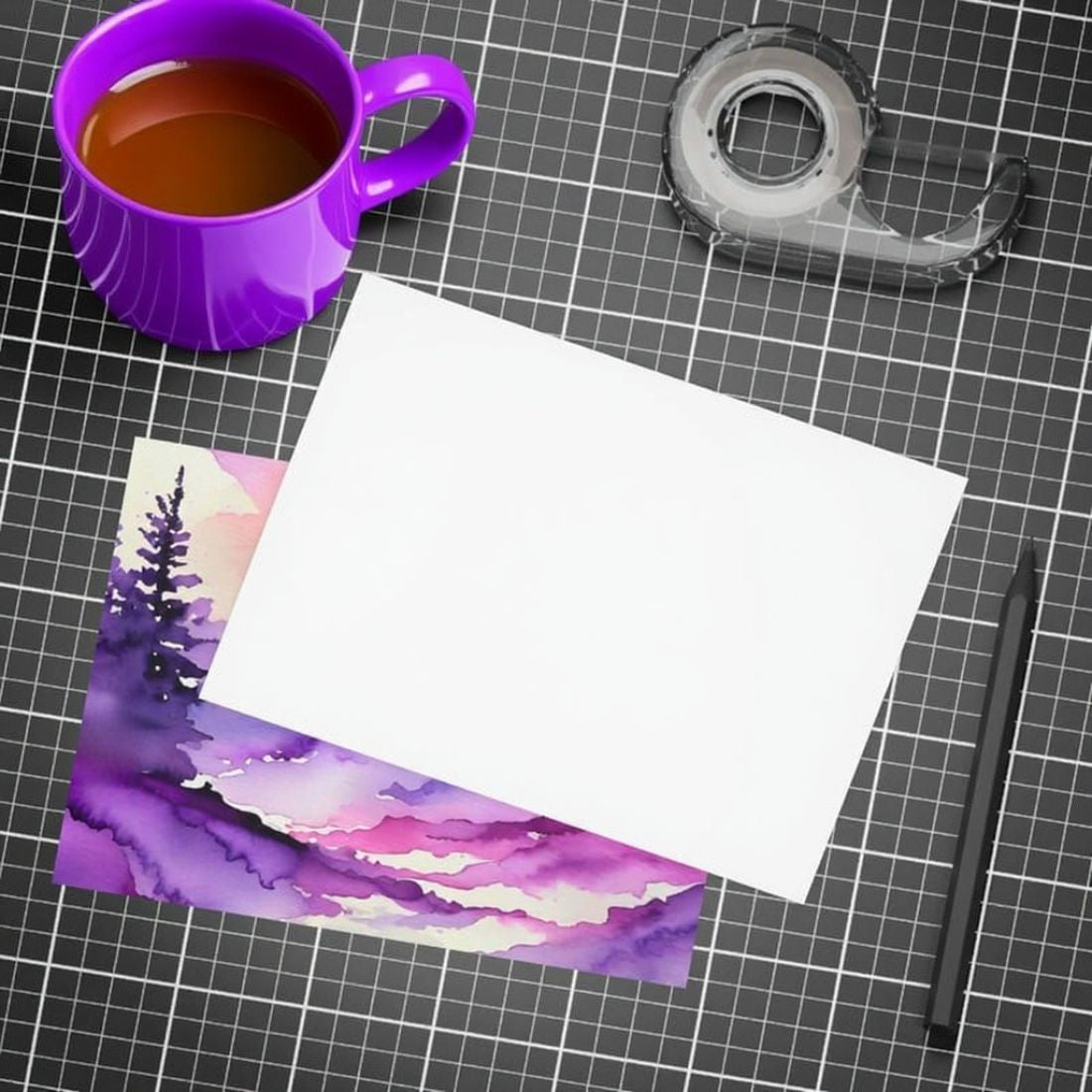 Artistic landscape painting postcard on paper with a purple mug of tea on a grid surface