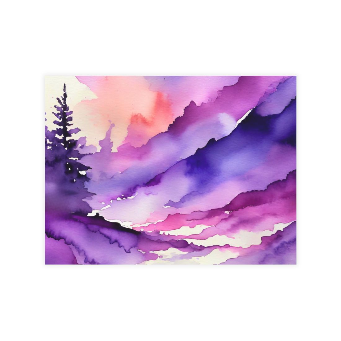 Colorful abstract postcard with purple, pink, and blue hues on a white background.