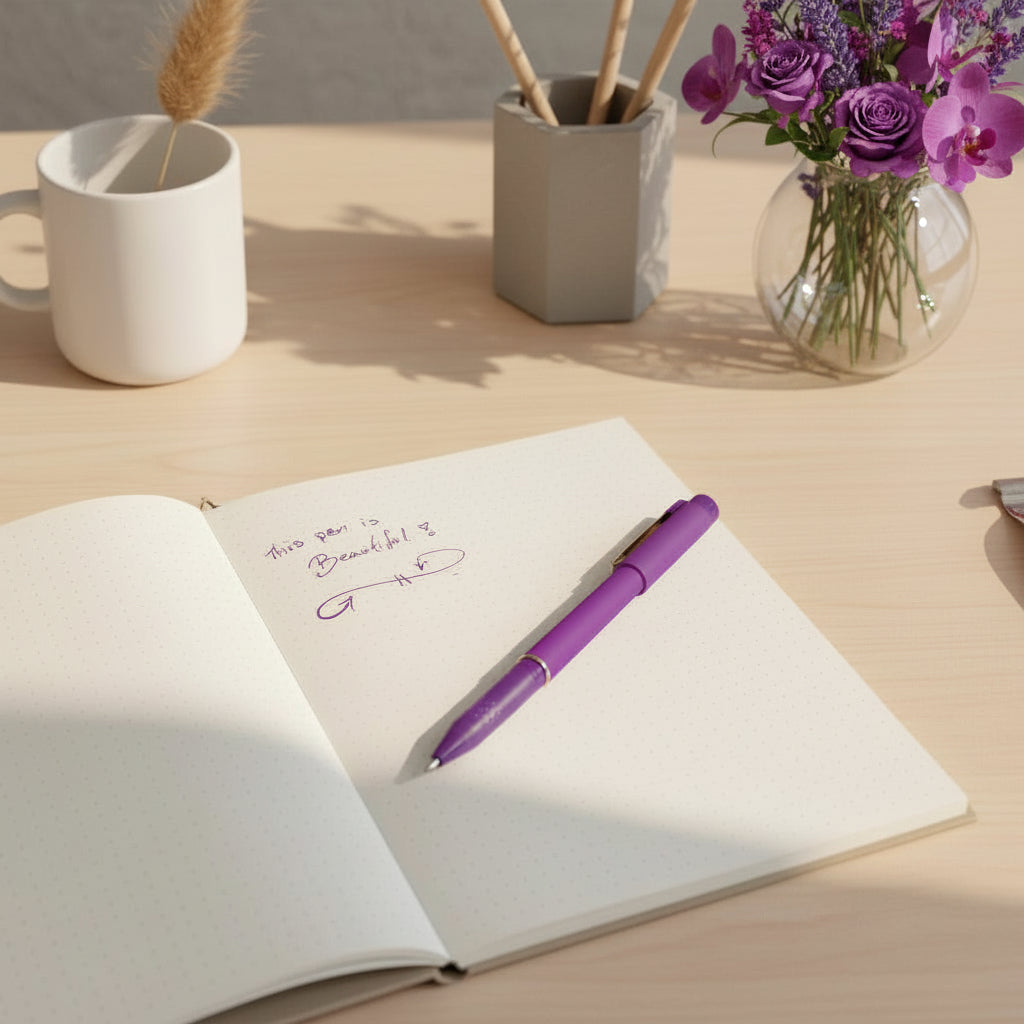 Open notebook with a purple pen on a wooden table, surrounded by a mug, vase with flowers, and small plant.